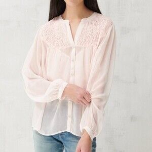 Lucky Brand Smocked Yoke Peasant Blouse Pink Long Sleeves Size M
